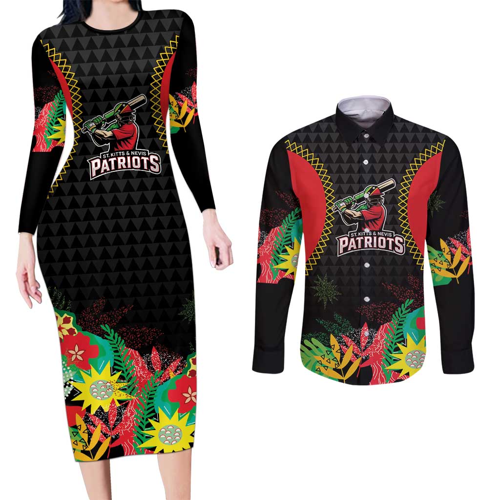 Custom Caribbean Cricket St Kitts and Nevis Couples Matching Long Sleeve Bodycon Dress and Long Sleeve Button Shirt Two Islands One Fire Patriots Crown 2025 - Black - Wonder Print Shop