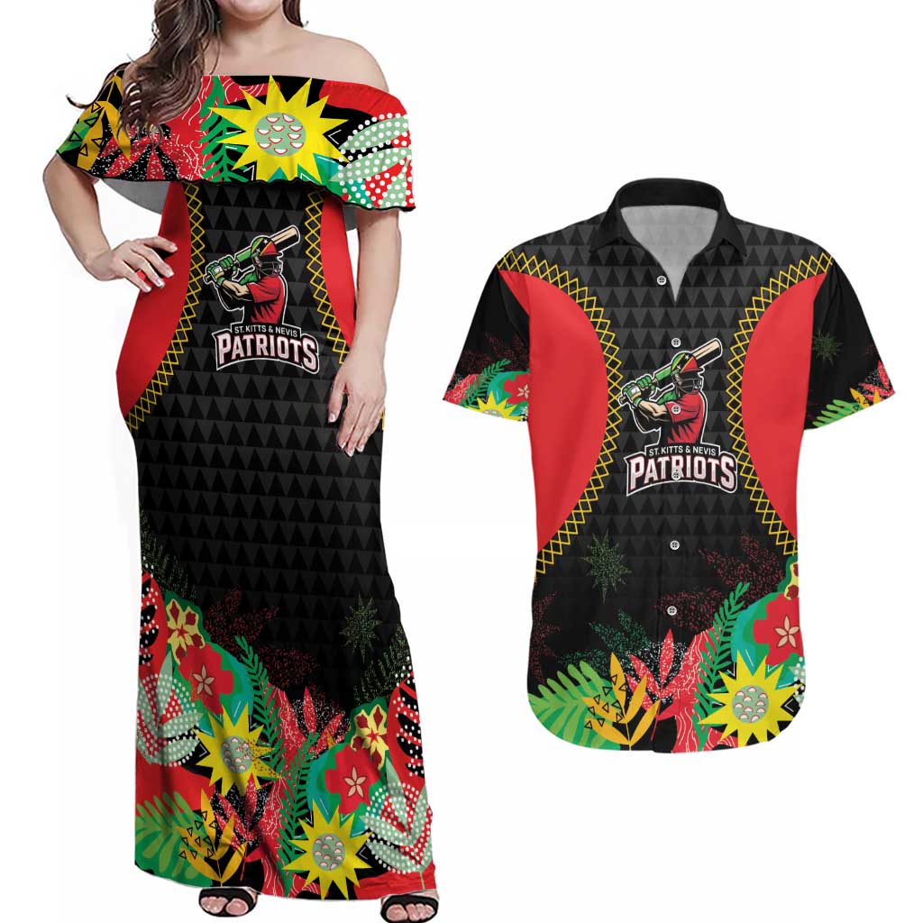 Custom Caribbean Cricket St Kitts and Nevis Couples Matching Off Shoulder Maxi Dress and Hawaiian Shirt Two Islands One Fire Patriots Crown 2025 - Black - Wonder Print Shop