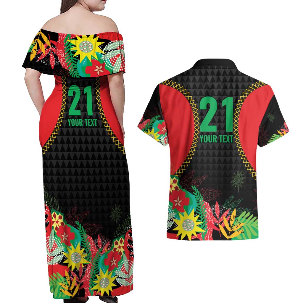 Custom Caribbean Cricket St Kitts and Nevis Couples Matching Off Shoulder Maxi Dress and Hawaiian Shirt Two Islands One Fire Patriots Crown 2025 - Black - Wonder Print Shop