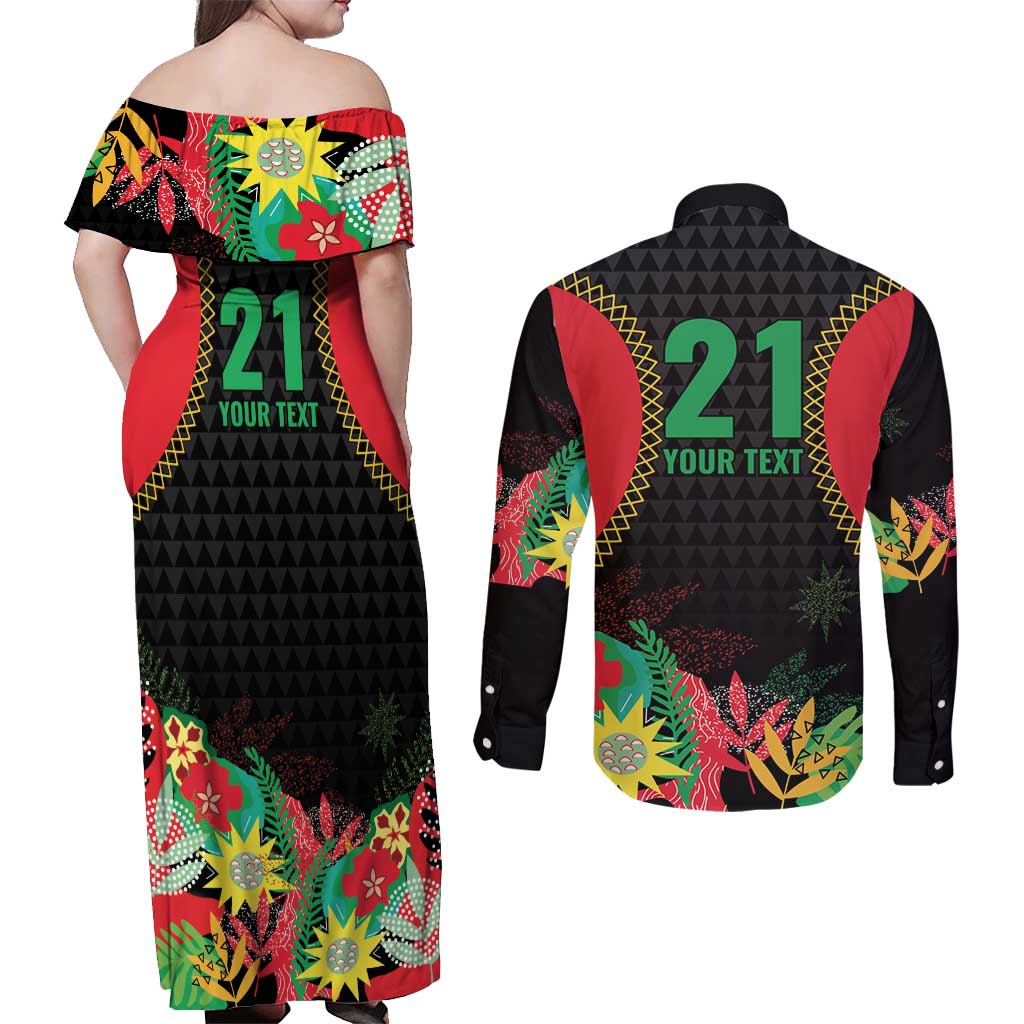 Custom Caribbean Cricket St Kitts and Nevis Couples Matching Off Shoulder Maxi Dress and Long Sleeve Button Shirt Two Islands One Fire Patriots Crown 2025 - Black - Wonder Print Shop