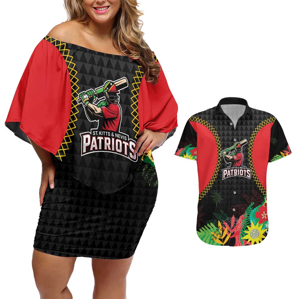 Custom Caribbean Cricket St Kitts and Nevis Couples Matching Off Shoulder Short Dress and Hawaiian Shirt Two Islands One Fire Patriots Crown 2025 - Black - Wonder Print Shop