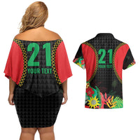 Custom Caribbean Cricket St Kitts and Nevis Couples Matching Off Shoulder Short Dress and Hawaiian Shirt Two Islands One Fire Patriots Crown 2025 - Black - Wonder Print Shop