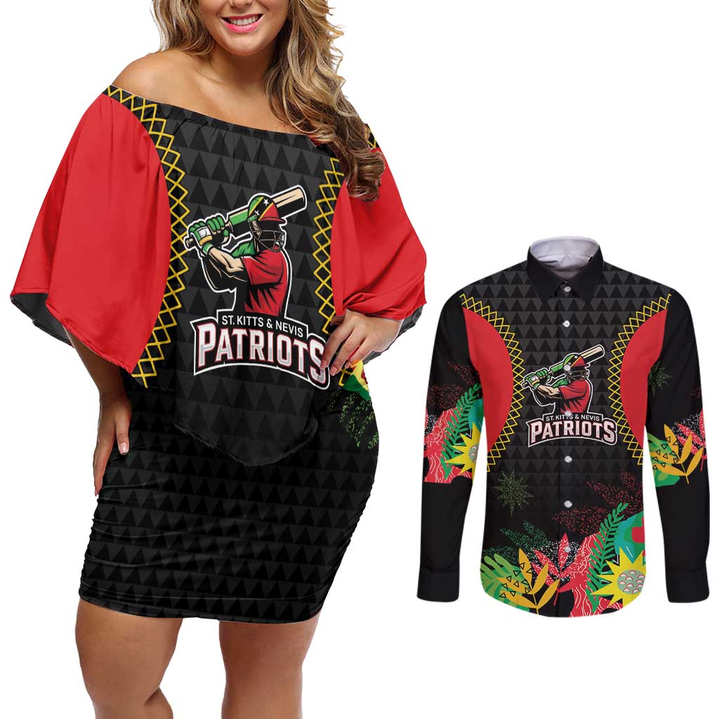 Custom Caribbean Cricket St Kitts and Nevis Couples Matching Off Shoulder Short Dress and Long Sleeve Button Shirt Two Islands One Fire Patriots Crown 2025 - Black - Wonder Print Shop