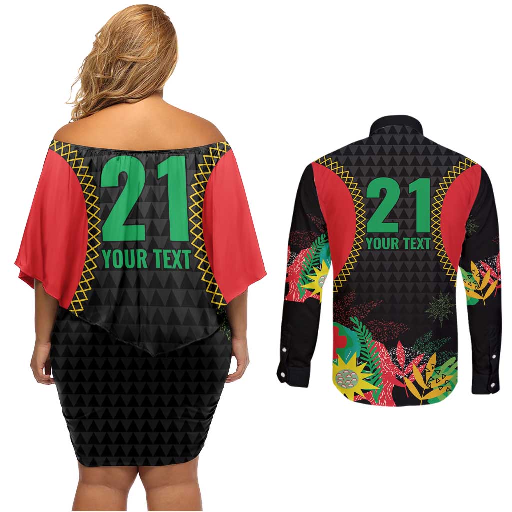 Custom Caribbean Cricket St Kitts and Nevis Couples Matching Off Shoulder Short Dress and Long Sleeve Button Shirt Two Islands One Fire Patriots Crown 2025 - Black - Wonder Print Shop