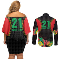Custom Caribbean Cricket St Kitts and Nevis Couples Matching Off Shoulder Short Dress and Long Sleeve Button Shirt Two Islands One Fire Patriots Crown 2025 - Black - Wonder Print Shop