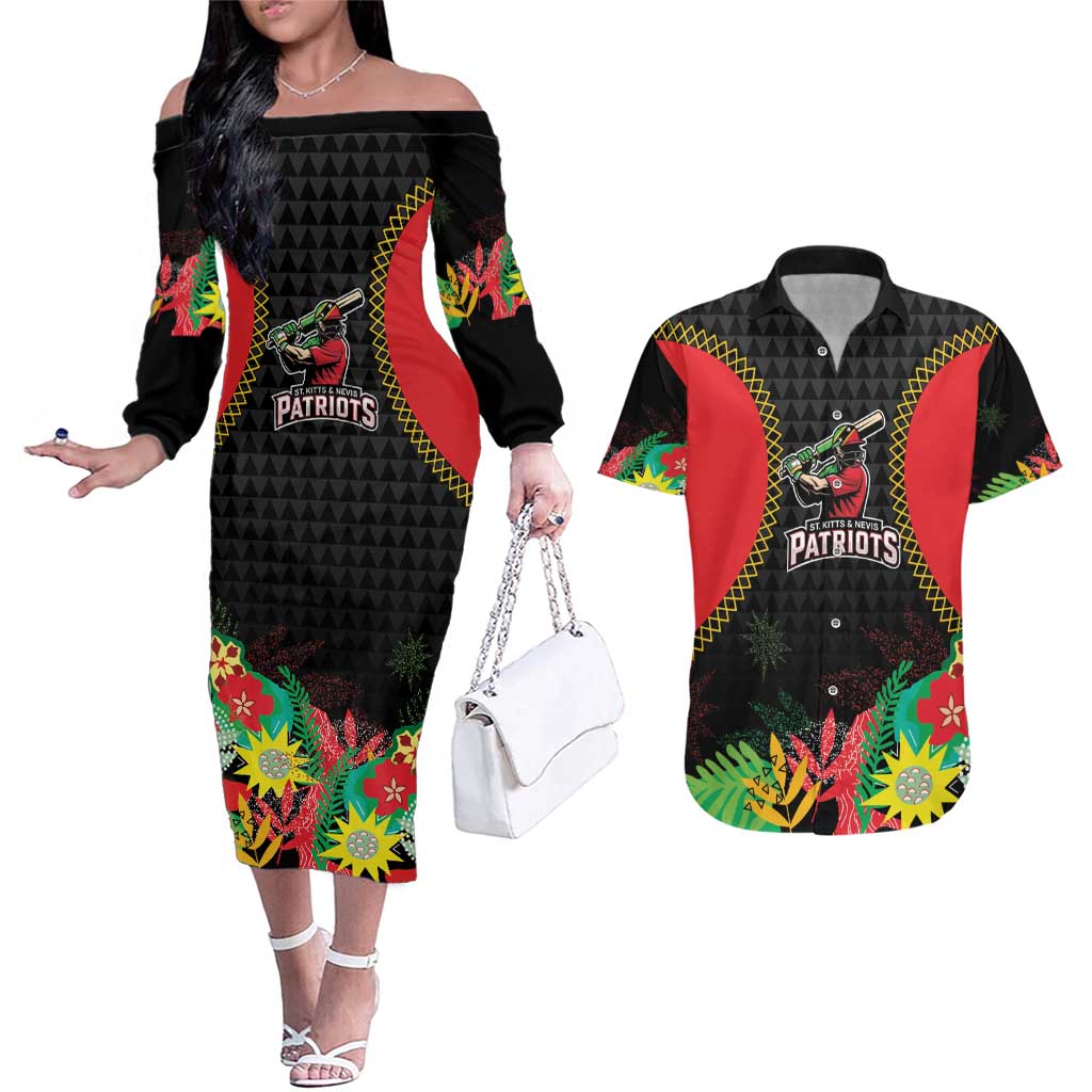 Custom Caribbean Cricket St Kitts and Nevis Couples Matching Off The Shoulder Long Sleeve Dress and Hawaiian Shirt Two Islands One Fire Patriots Crown 2025 - Black - Wonder Print Shop