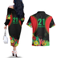 Custom Caribbean Cricket St Kitts and Nevis Couples Matching Off The Shoulder Long Sleeve Dress and Hawaiian Shirt Two Islands One Fire Patriots Crown 2025 - Black - Wonder Print Shop