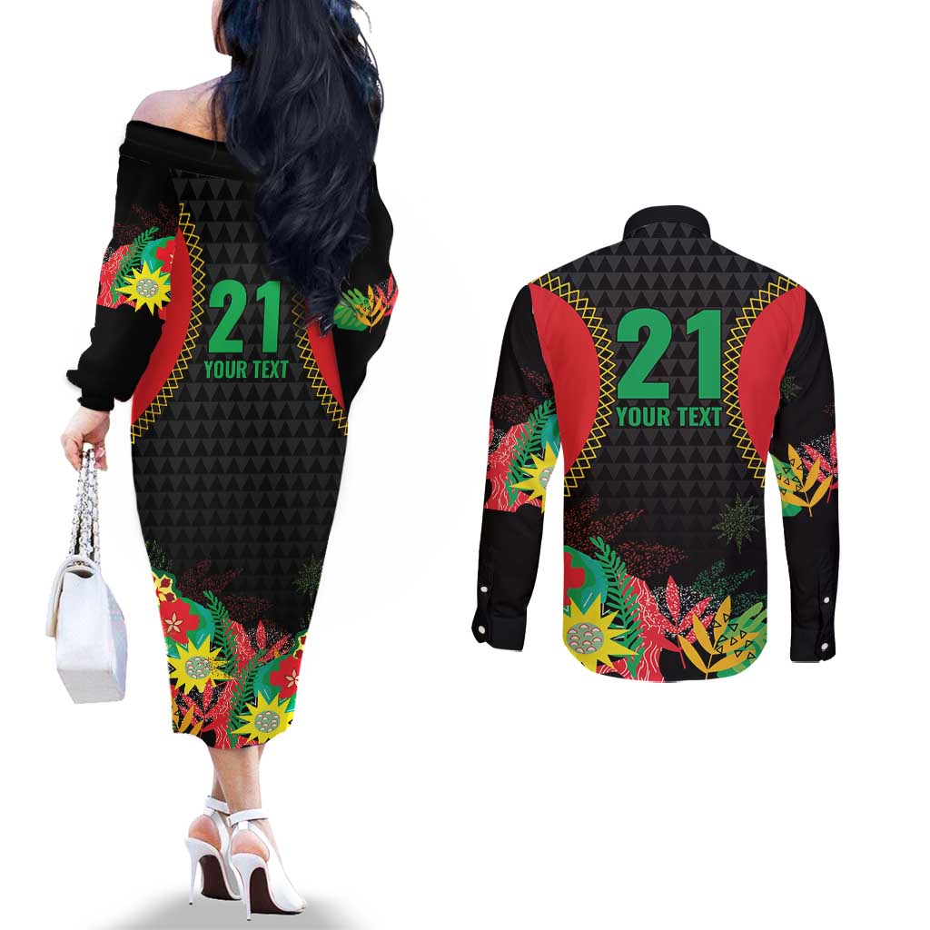 Custom Caribbean Cricket St Kitts and Nevis Couples Matching Off The Shoulder Long Sleeve Dress and Long Sleeve Button Shirt Two Islands One Fire Patriots Crown 2025 - Black - Wonder Print Shop