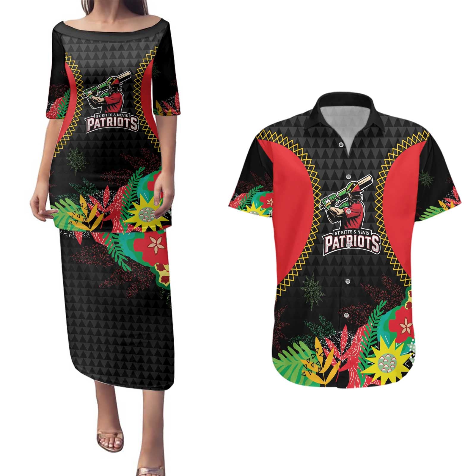 Custom Caribbean Cricket St Kitts and Nevis Couples Matching Puletasi and Hawaiian Shirt Two Islands One Fire Patriots Crown 2025 - Black - Wonder Print Shop