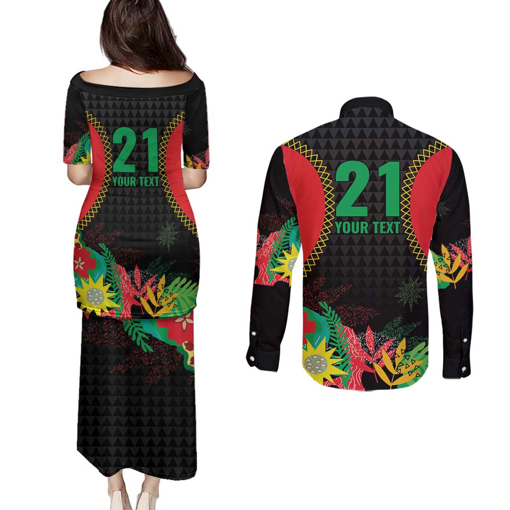 Custom Caribbean Cricket St Kitts and Nevis Couples Matching Puletasi and Long Sleeve Button Shirt Two Islands One Fire Patriots Crown 2025 - Black - Wonder Print Shop
