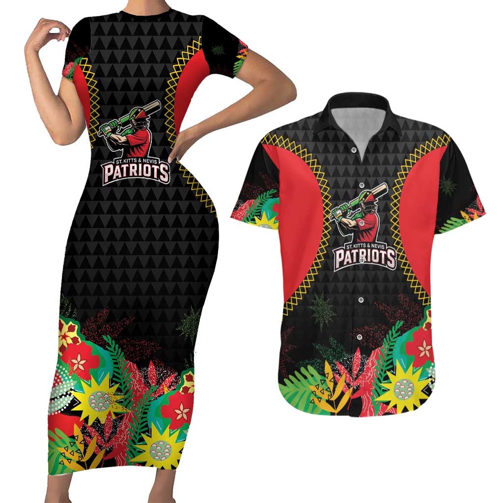 Custom Caribbean Cricket St Kitts and Nevis Couples Matching Short Sleeve Bodycon Dress and Hawaiian Shirt Two Islands One Fire Patriots Crown 2025 - Black - Wonder Print Shop