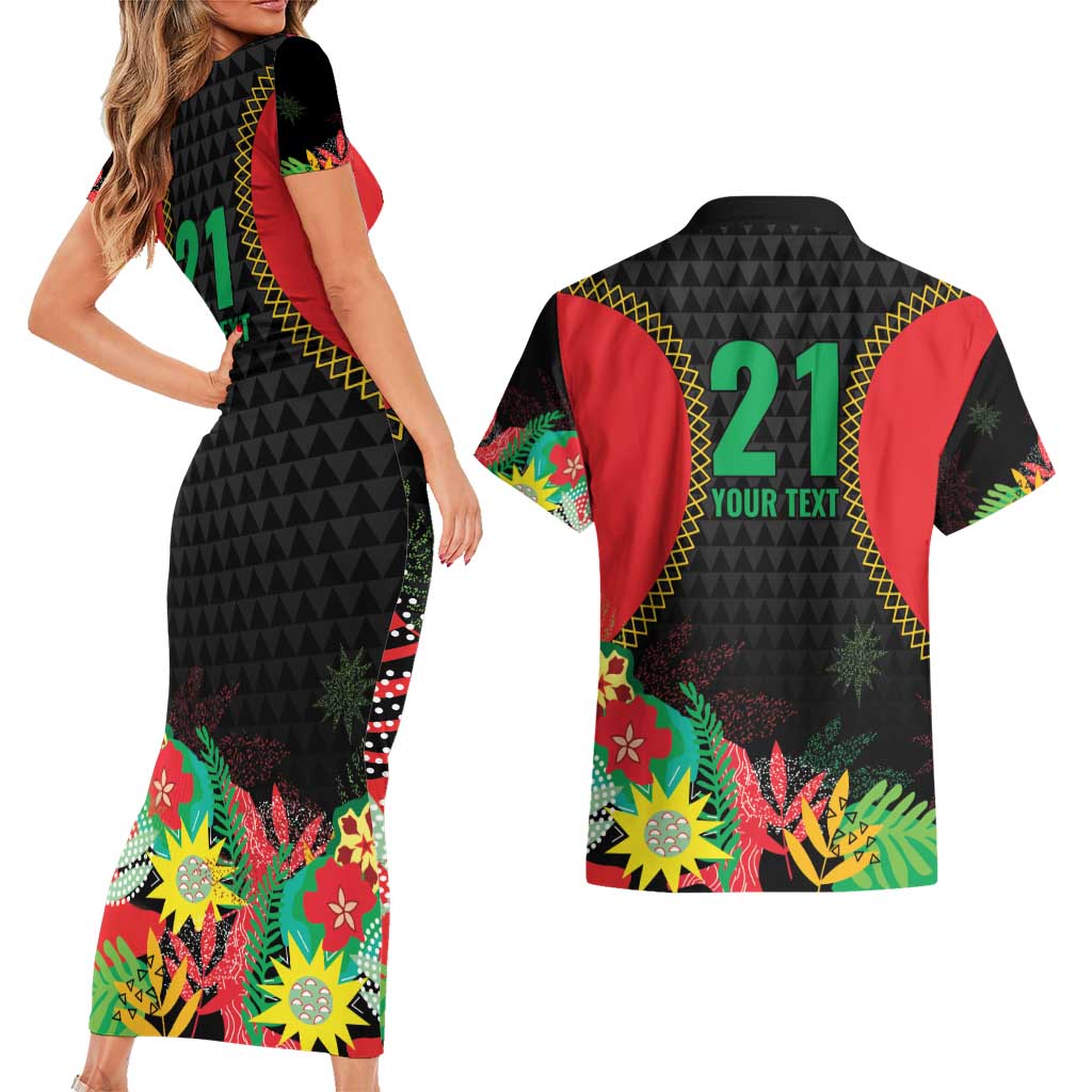 Custom Caribbean Cricket St Kitts and Nevis Couples Matching Short Sleeve Bodycon Dress and Hawaiian Shirt Two Islands One Fire Patriots Crown 2025 - Black - Wonder Print Shop
