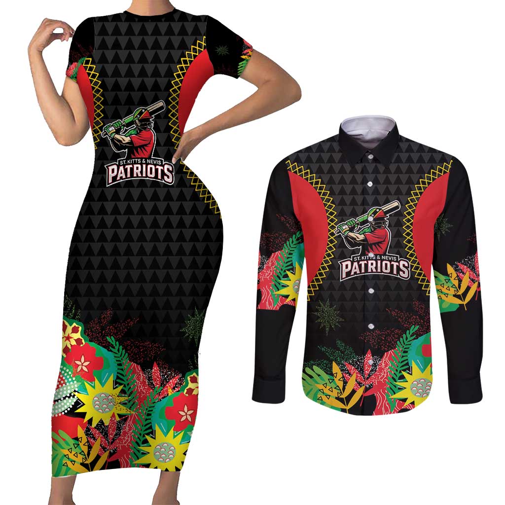Custom Caribbean Cricket St Kitts and Nevis Couples Matching Short Sleeve Bodycon Dress and Long Sleeve Button Shirt Two Islands One Fire Patriots Crown 2025 - Black - Wonder Print Shop