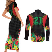 Custom Caribbean Cricket St Kitts and Nevis Couples Matching Short Sleeve Bodycon Dress and Long Sleeve Button Shirt Two Islands One Fire Patriots Crown 2025 - Black - Wonder Print Shop