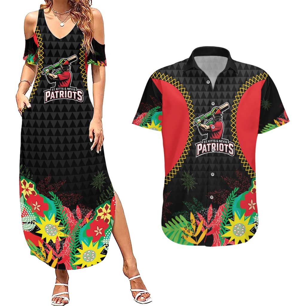 Custom Caribbean Cricket St Kitts and Nevis Couples Matching Summer Maxi Dress and Hawaiian Shirt Two Islands One Fire Patriots Crown 2025 - Black - Wonder Print Shop