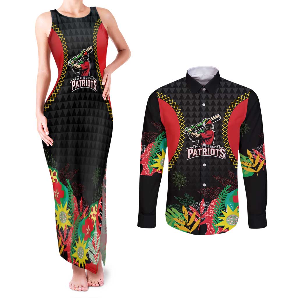 Custom Caribbean Cricket St Kitts and Nevis Couples Matching Tank Maxi Dress and Long Sleeve Button Shirt Two Islands One Fire Patriots Crown 2025 - Black - Wonder Print Shop