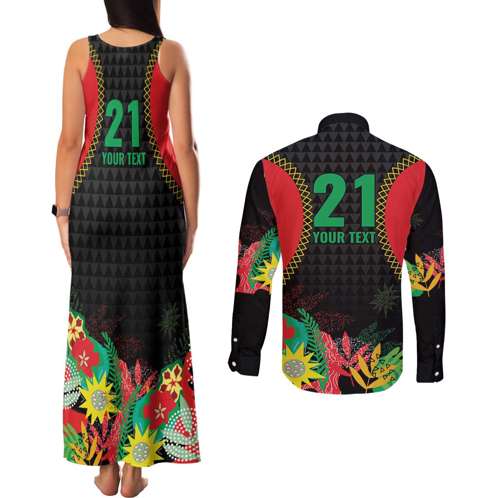 Custom Caribbean Cricket St Kitts and Nevis Couples Matching Tank Maxi Dress and Long Sleeve Button Shirt Two Islands One Fire Patriots Crown 2025 - Black - Wonder Print Shop