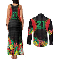 Custom Caribbean Cricket St Kitts and Nevis Couples Matching Tank Maxi Dress and Long Sleeve Button Shirt Two Islands One Fire Patriots Crown 2025 - Black - Wonder Print Shop