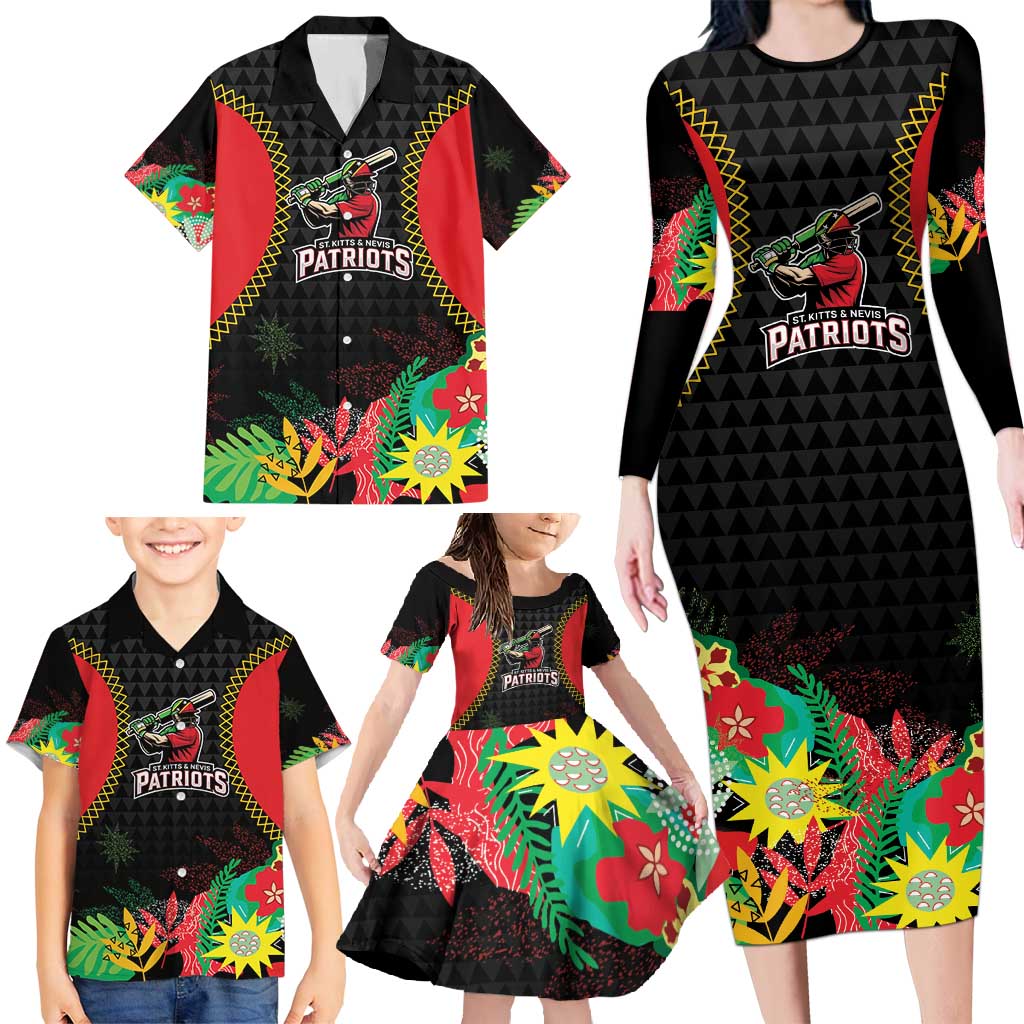 Custom Caribbean Cricket St Kitts and Nevis Family Matching Long Sleeve Bodycon Dress and Hawaiian Shirt Two Islands One Fire Patriots Crown 2025 - Black - Wonder Print Shop