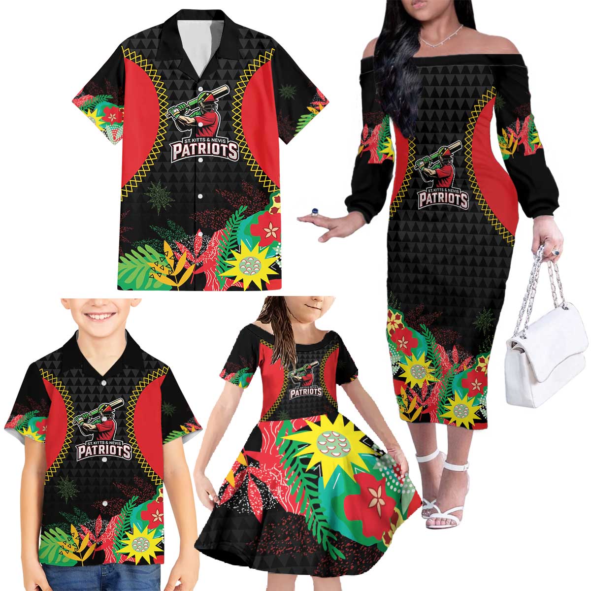 Custom Caribbean Cricket St Kitts and Nevis Family Matching Off The Shoulder Long Sleeve Dress and Hawaiian Shirt Two Islands One Fire Patriots Crown 2025 - Black - Wonder Print Shop