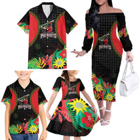 Custom Caribbean Cricket St Kitts and Nevis Family Matching Off The Shoulder Long Sleeve Dress and Hawaiian Shirt Two Islands One Fire Patriots Crown 2025 - Black - Wonder Print Shop