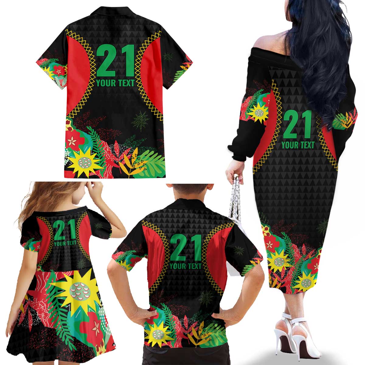 Custom Caribbean Cricket St Kitts and Nevis Family Matching Off The Shoulder Long Sleeve Dress and Hawaiian Shirt Two Islands One Fire Patriots Crown 2025 - Black - Wonder Print Shop