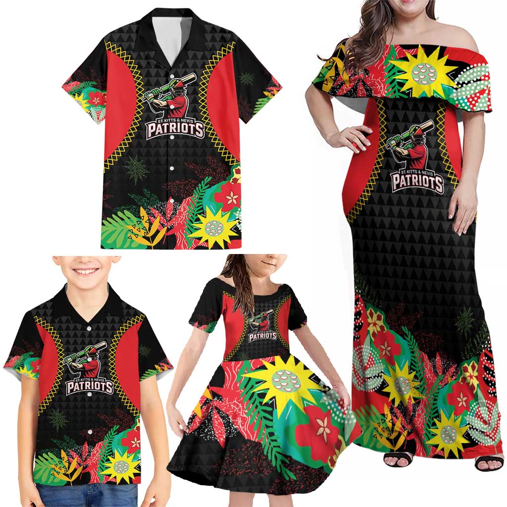 Custom Caribbean Cricket St Kitts and Nevis Family Matching Off Shoulder Maxi Dress and Hawaiian Shirt Two Islands One Fire Patriots Crown 2025 - Black - Wonder Print Shop