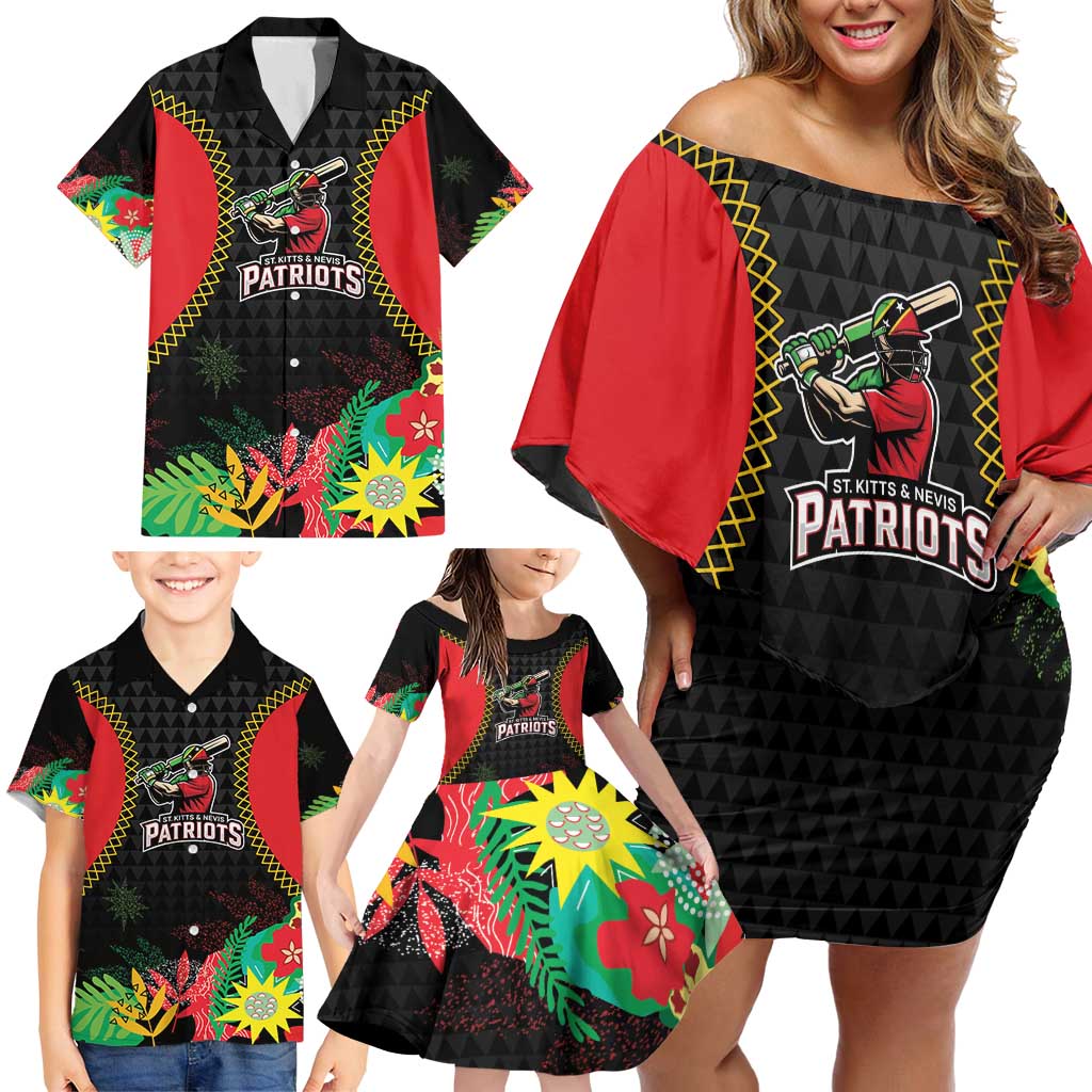 Custom Caribbean Cricket St Kitts and Nevis Family Matching Off Shoulder Short Dress and Hawaiian Shirt Two Islands One Fire Patriots Crown 2025 - Black - Wonder Print Shop