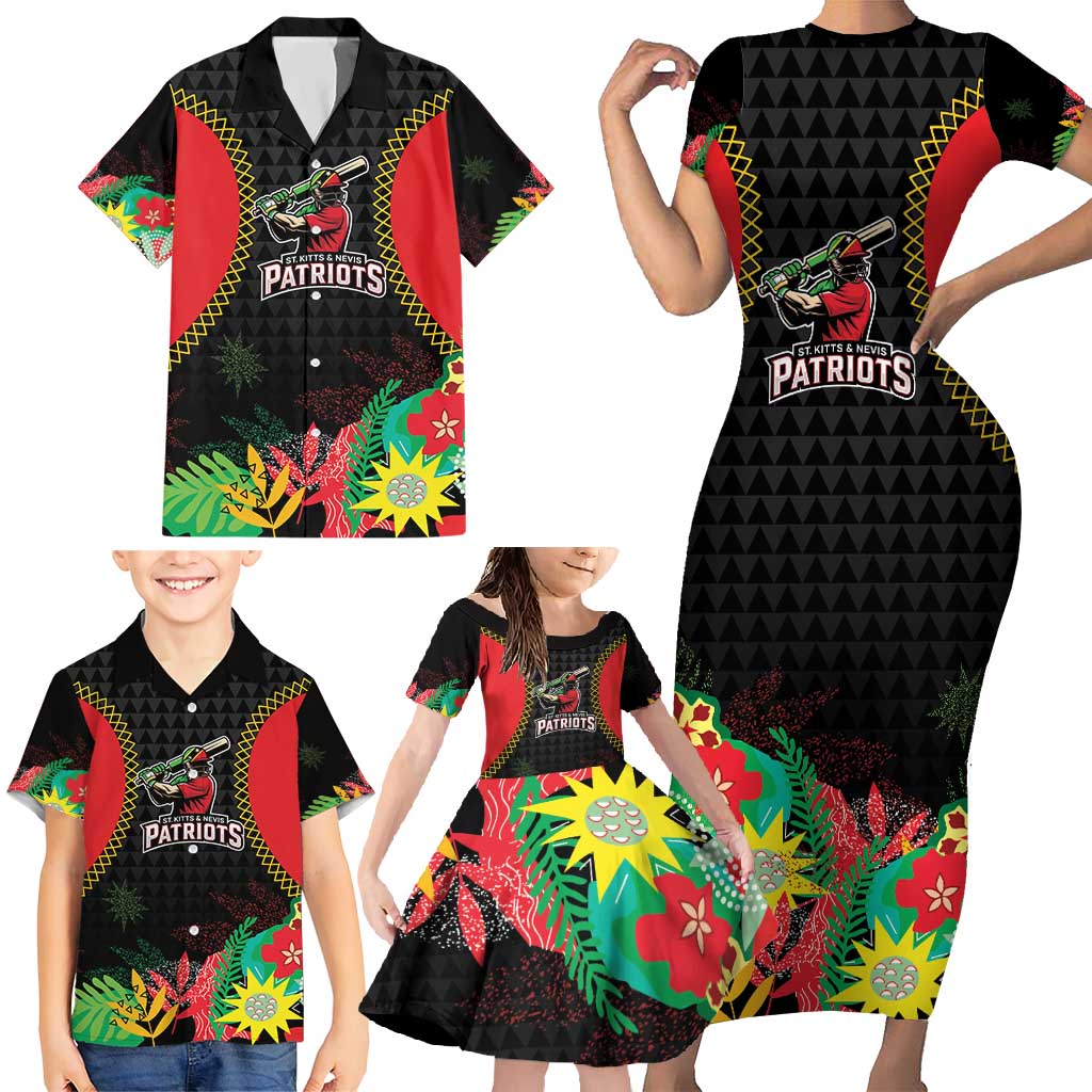 Custom Caribbean Cricket St Kitts and Nevis Family Matching Short Sleeve Bodycon Dress and Hawaiian Shirt Two Islands One Fire Patriots Crown 2025 - Black - Wonder Print Shop