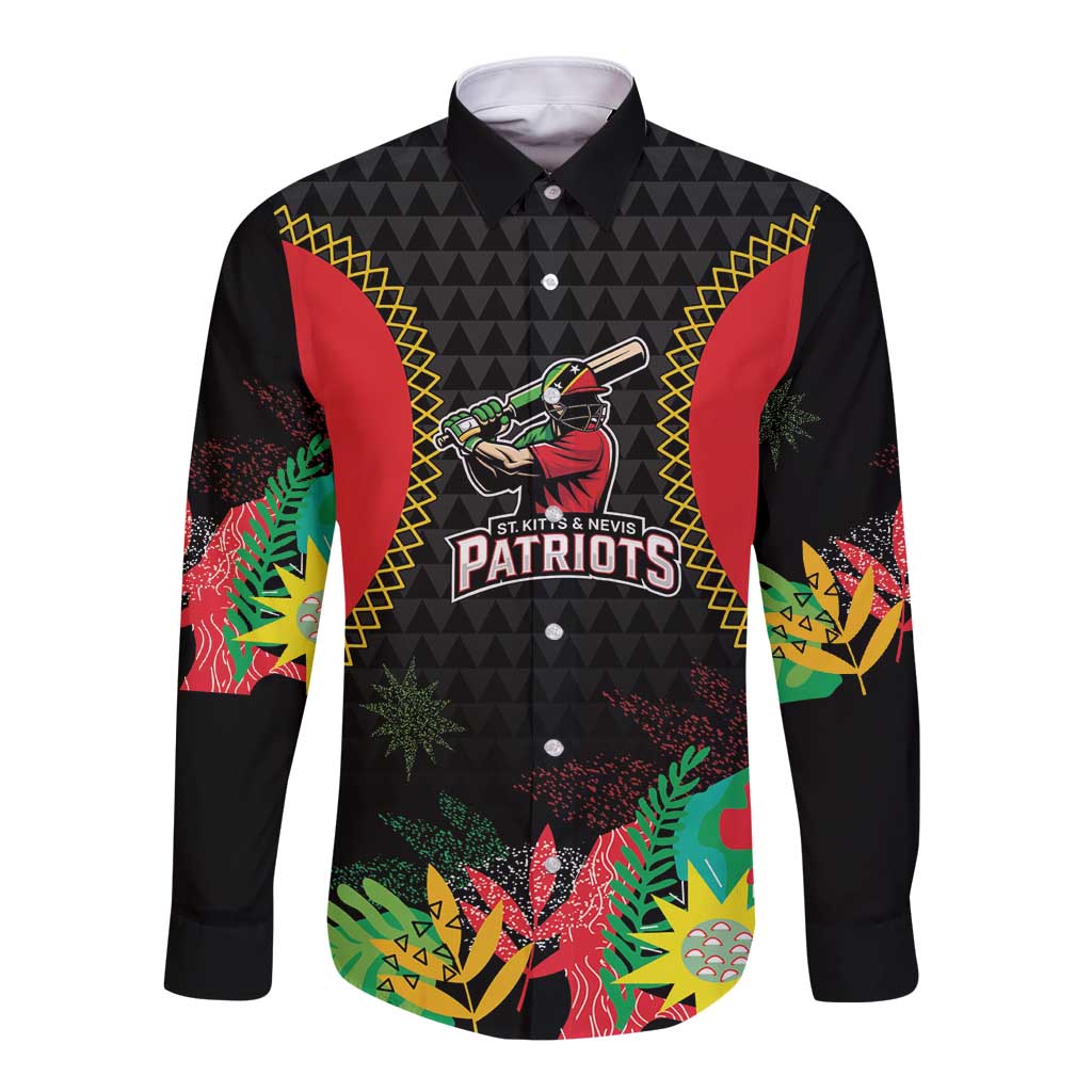 Custom Caribbean Cricket St Kitts and Nevis Long Sleeve Button Shirt Two Islands One Fire Patriots Crown 2025 - Black - Wonder Print Shop