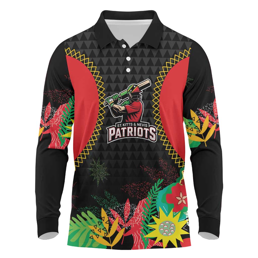 Custom Caribbean Cricket St Kitts and Nevis Long Sleeve Polo Shirt Two Islands One Fire Patriots Crown 2025 - Black - Wonder Print Shop