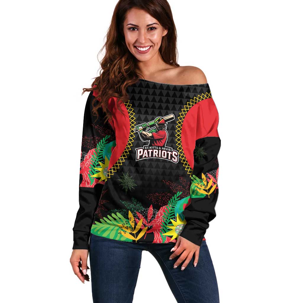 Custom Caribbean Cricket St Kitts and Nevis Off Shoulder Sweater Two Islands One Fire Patriots Crown 2025 - Black - Wonder Print Shop