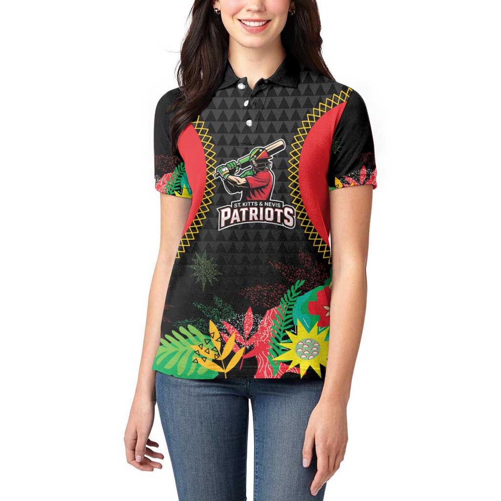 Custom Caribbean Cricket St Kitts and Nevis Women Polo Shirt Two Islands One Fire Patriots Crown 2025 - Black - Wonder Print Shop
