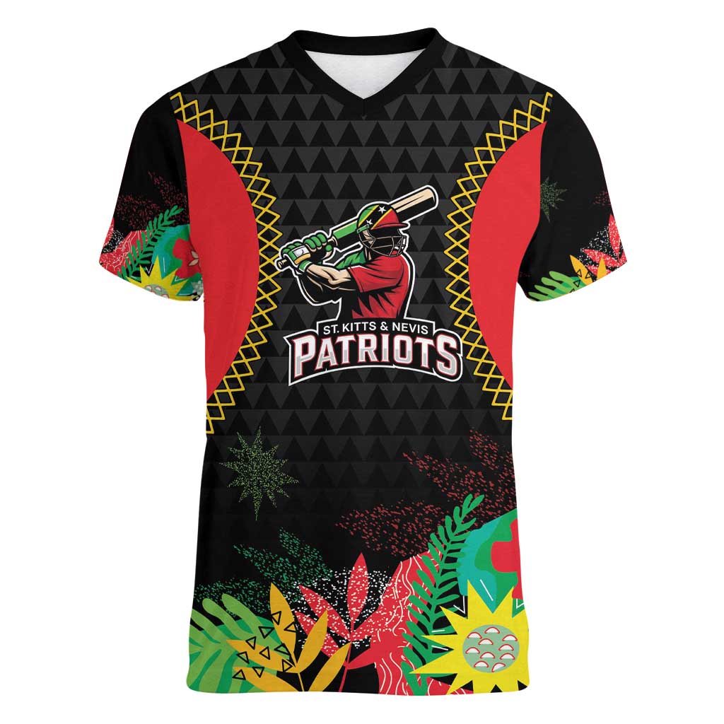 Custom Caribbean Cricket St Kitts and Nevis Women V-Neck T-Shirt Two Islands One Fire Patriots Crown 2025 - Black - Wonder Print Shop