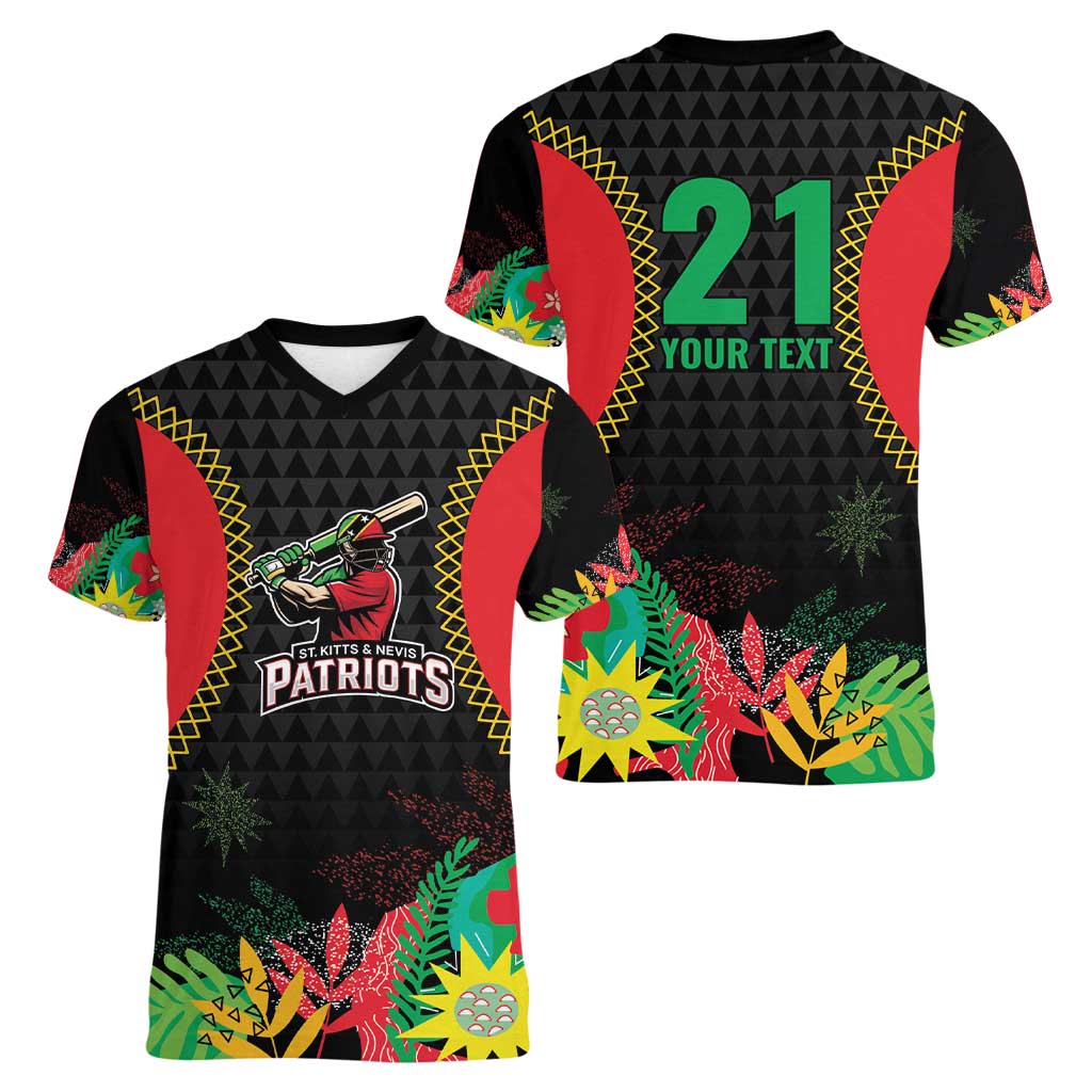 Custom Caribbean Cricket St Kitts and Nevis Women V-Neck T-Shirt Two Islands One Fire Patriots Crown 2025 - Black - Wonder Print Shop