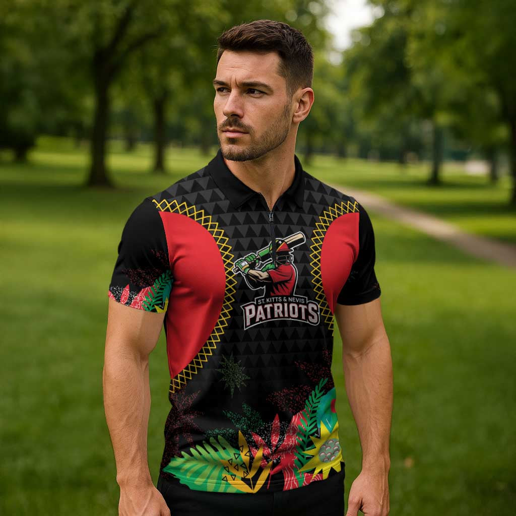 Custom Caribbean Cricket St Kitts and Nevis Zipper Polo Shirt Two Islands One Fire Patriots Crown 2025 - Black - Wonder Print Shop