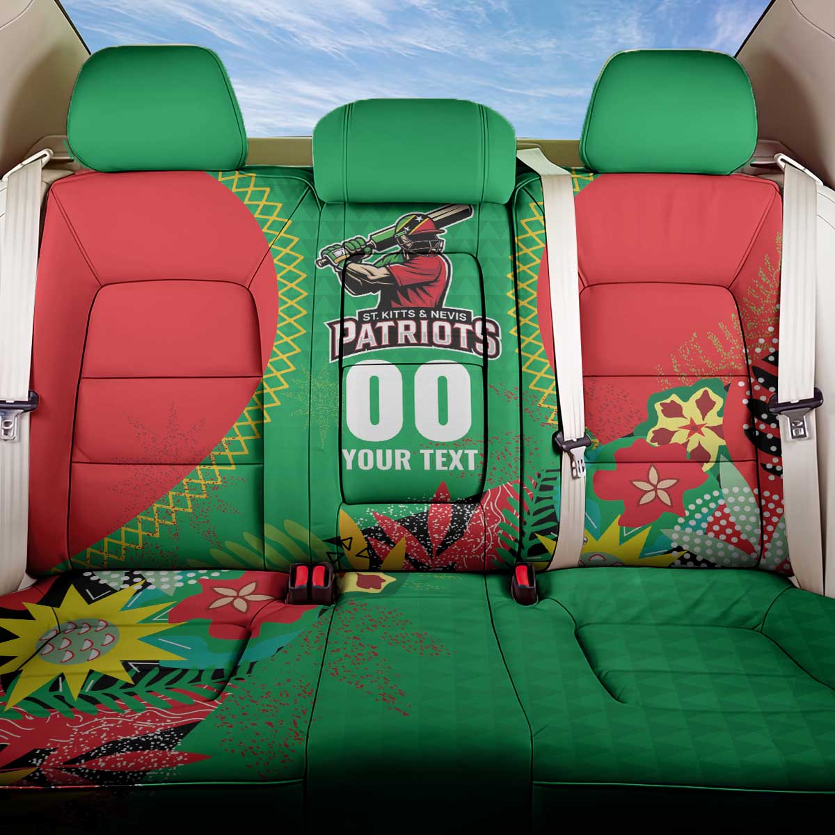 Custom Caribbean Cricket St Kitts and Nevis Back Car Seat Cover Two Islands One Fire Patriots Crown 2025 - Green - Wonder Print Shop