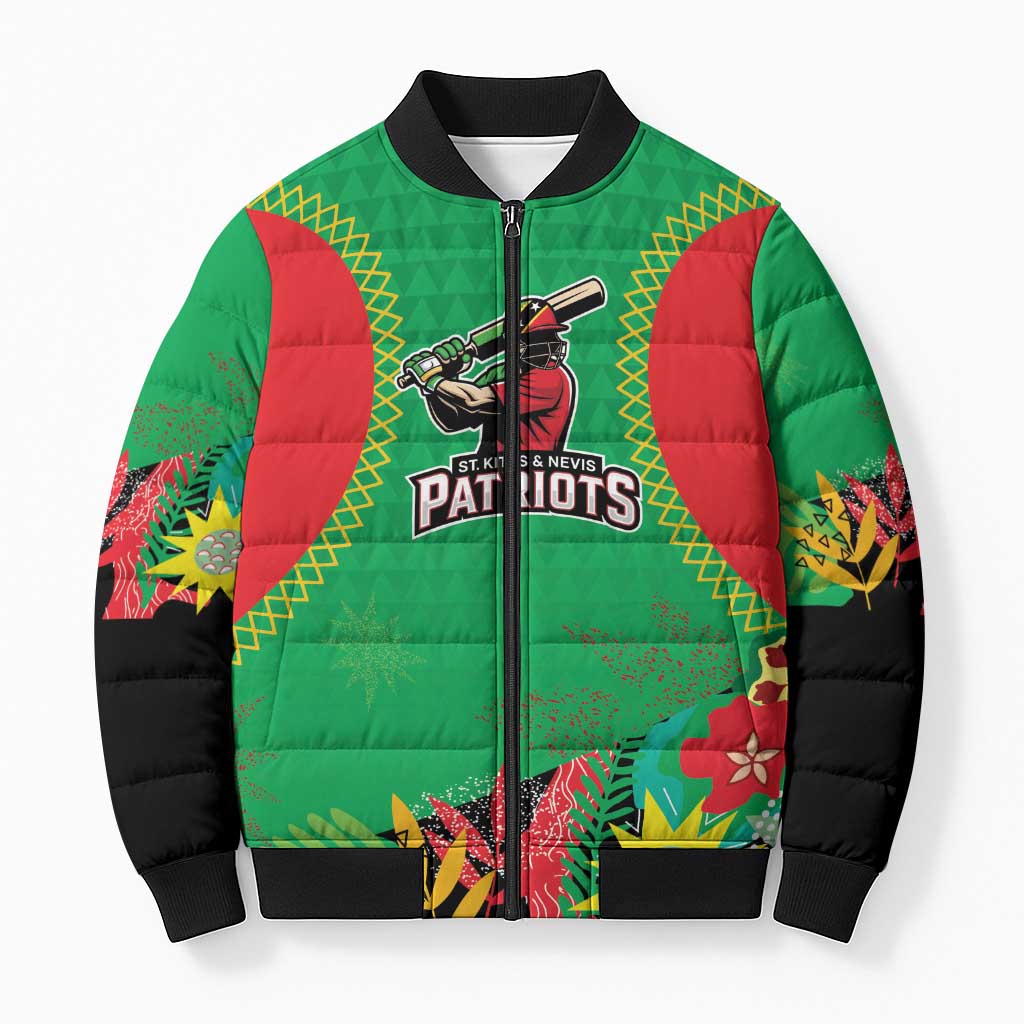 Custom Caribbean Cricket St Kitts and Nevis Bomber Puffer Jacket Two Islands One Fire Patriots Crown 2025 - Green - Wonder Print Shop