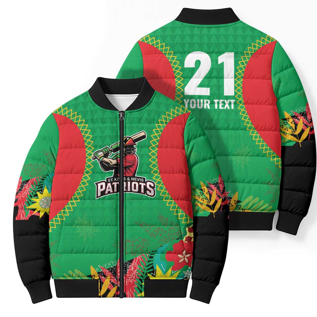 Custom Caribbean Cricket St Kitts and Nevis Bomber Puffer Jacket Two Islands One Fire Patriots Crown 2025 - Green - Wonder Print Shop