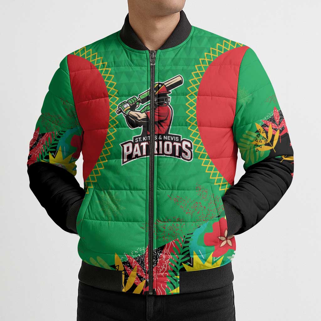 Custom Caribbean Cricket St Kitts and Nevis Bomber Puffer Jacket Two Islands One Fire Patriots Crown 2025 - Green - Wonder Print Shop