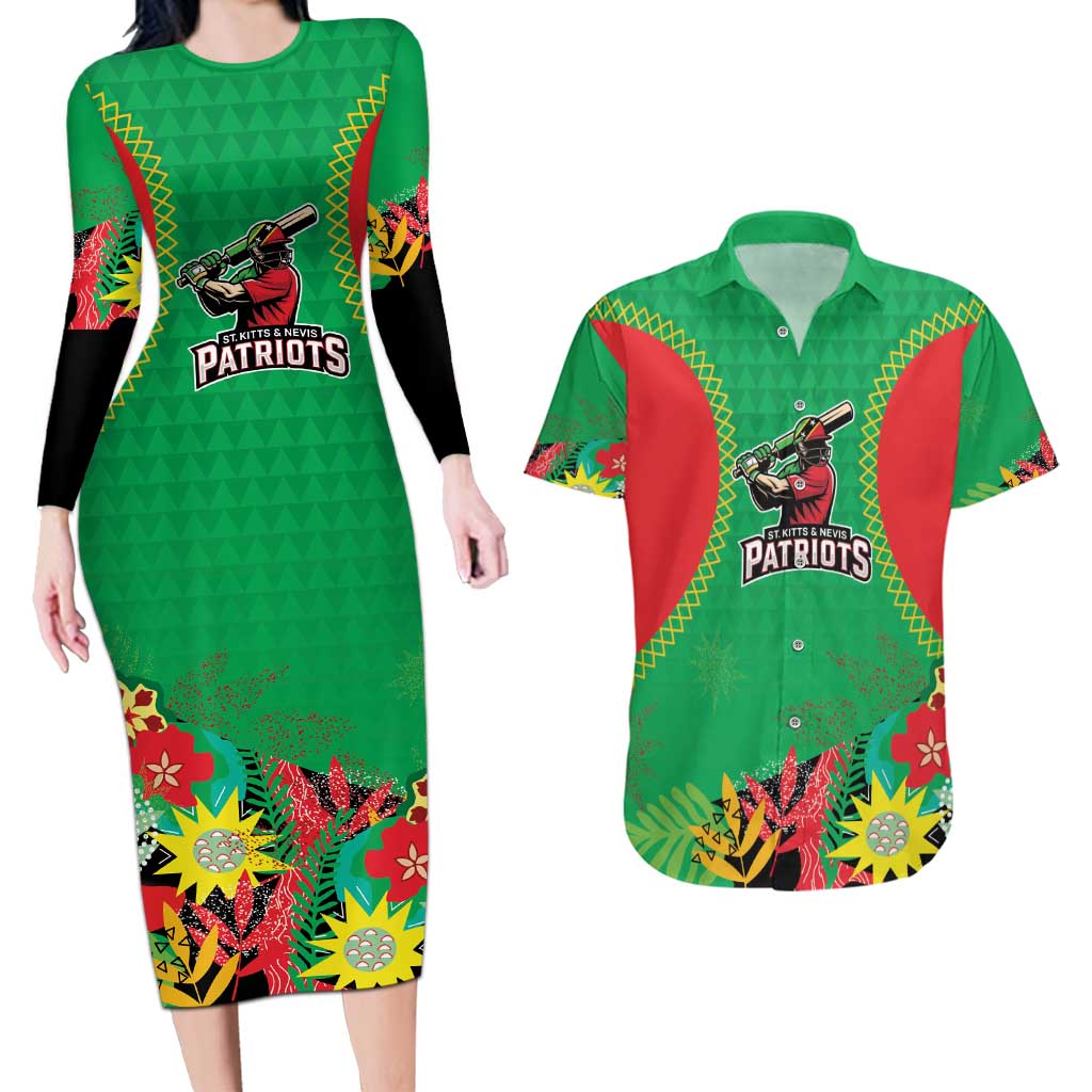 Custom Caribbean Cricket St Kitts and Nevis Couples Matching Long Sleeve Bodycon Dress and Hawaiian Shirt Two Islands One Fire Patriots Crown 2025 - Green - Wonder Print Shop