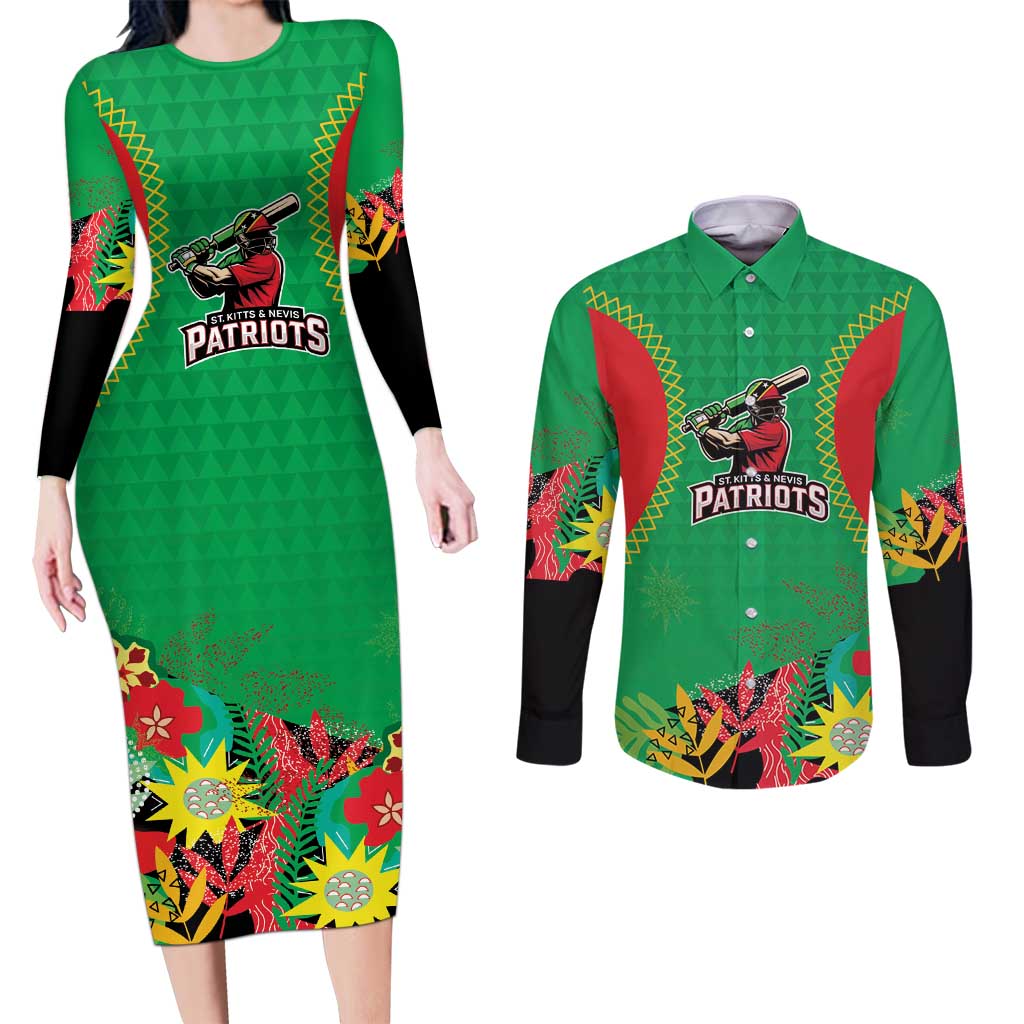 Custom Caribbean Cricket St Kitts and Nevis Couples Matching Long Sleeve Bodycon Dress and Long Sleeve Button Shirt Two Islands One Fire Patriots Crown 2025 - Green - Wonder Print Shop
