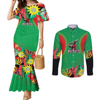 Custom Caribbean Cricket St Kitts and Nevis Couples Matching Mermaid Dress and Long Sleeve Button Shirt Two Islands One Fire Patriots Crown 2025 - Green - Wonder Print Shop