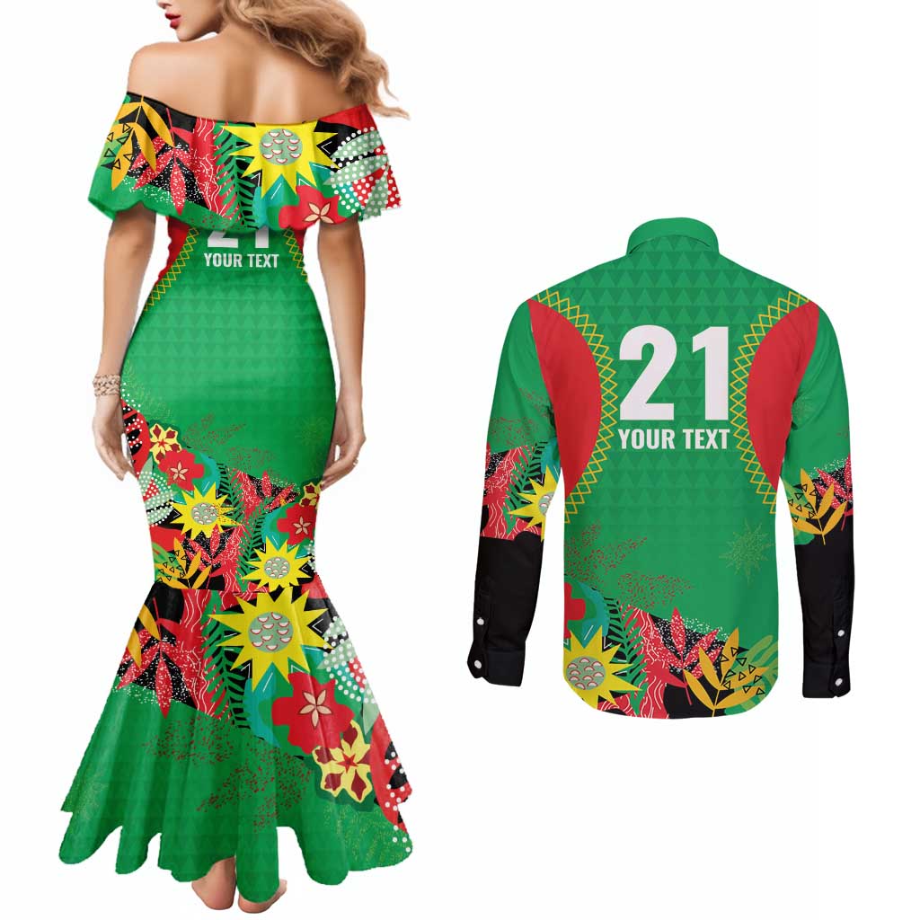 Custom Caribbean Cricket St Kitts and Nevis Couples Matching Mermaid Dress and Long Sleeve Button Shirt Two Islands One Fire Patriots Crown 2025 - Green - Wonder Print Shop