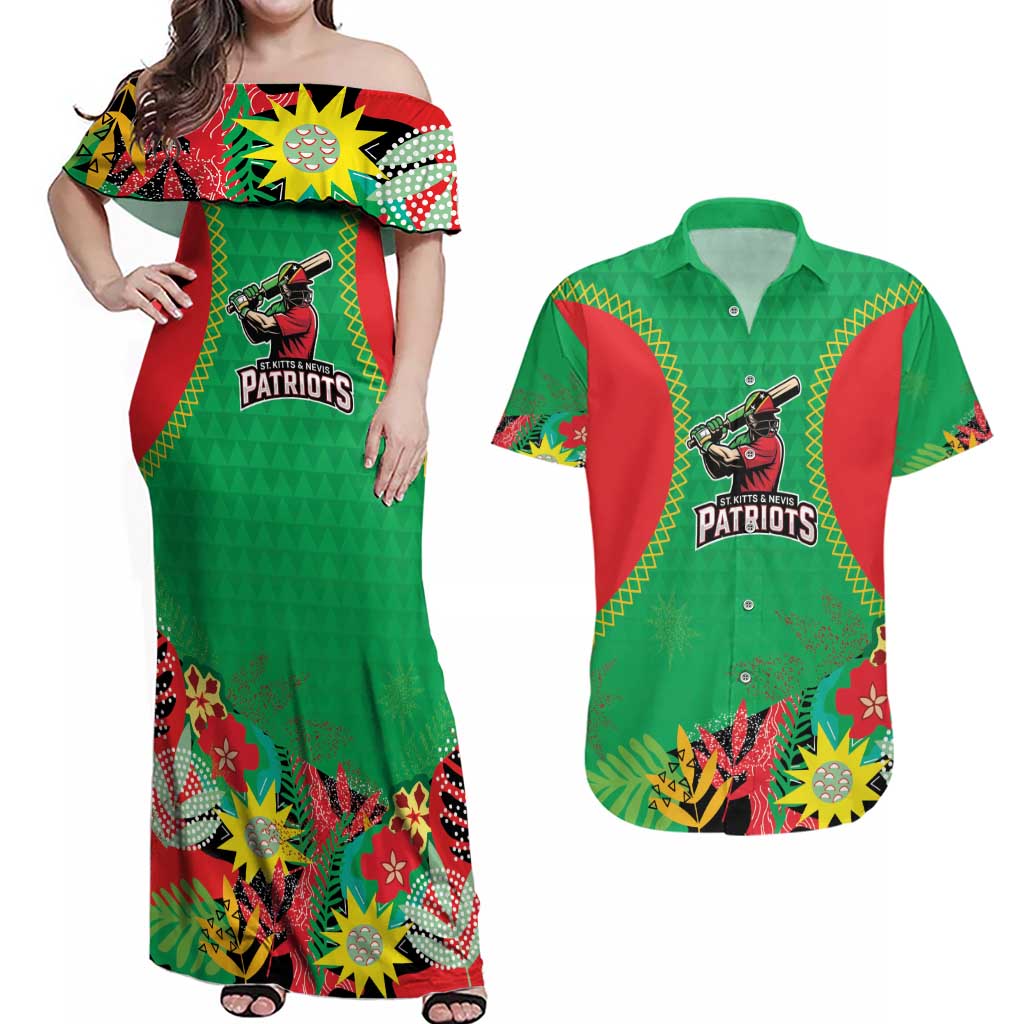 Custom Caribbean Cricket St Kitts and Nevis Couples Matching Off Shoulder Maxi Dress and Hawaiian Shirt Two Islands One Fire Patriots Crown 2025 - Green - Wonder Print Shop