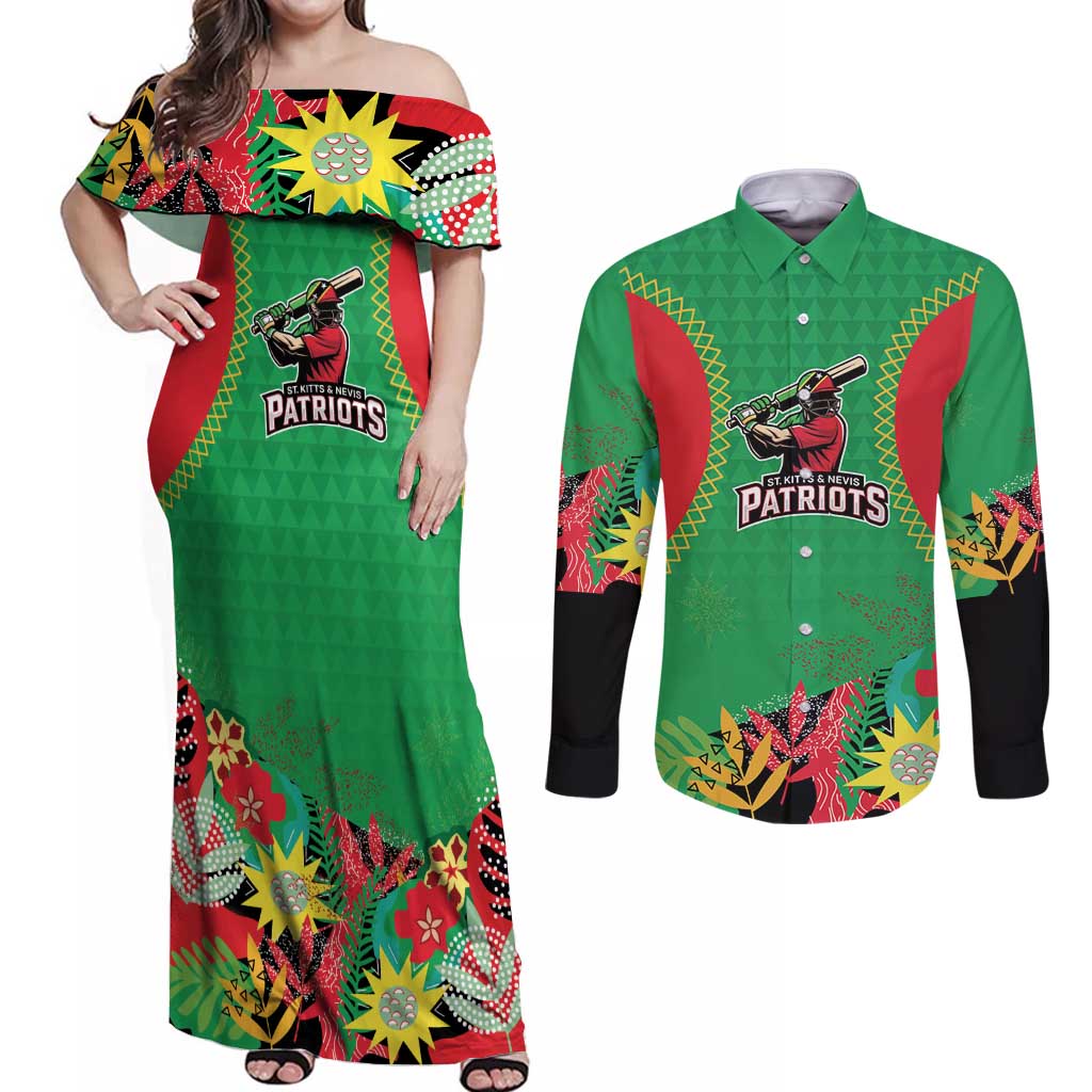 Custom Caribbean Cricket St Kitts and Nevis Couples Matching Off Shoulder Maxi Dress and Long Sleeve Button Shirt Two Islands One Fire Patriots Crown 2025 - Green - Wonder Print Shop