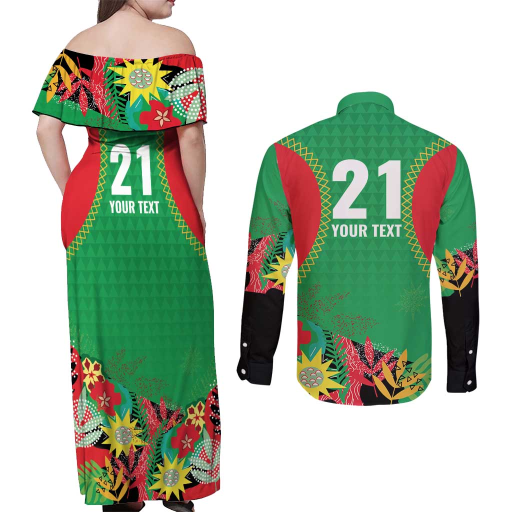 Custom Caribbean Cricket St Kitts and Nevis Couples Matching Off Shoulder Maxi Dress and Long Sleeve Button Shirt Two Islands One Fire Patriots Crown 2025 - Green - Wonder Print Shop