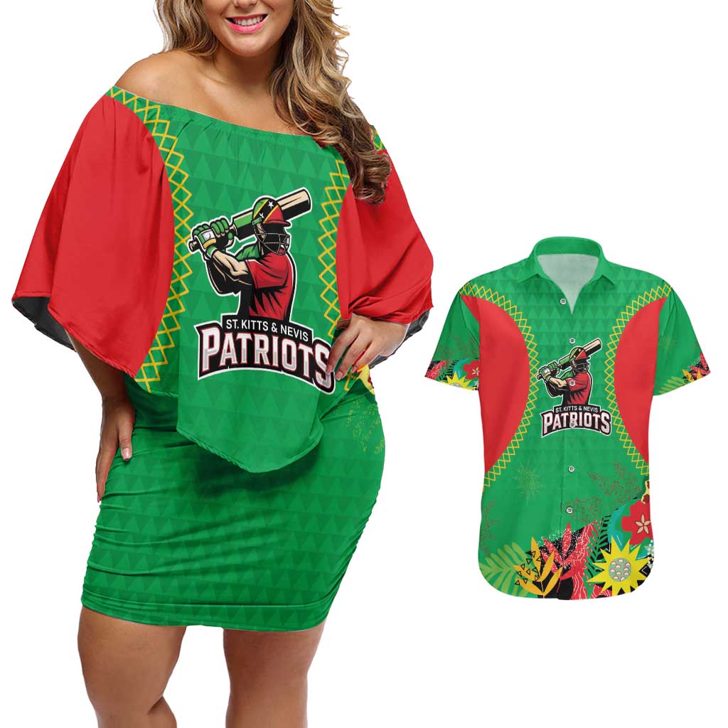 Custom Caribbean Cricket St Kitts and Nevis Couples Matching Off Shoulder Short Dress and Hawaiian Shirt Two Islands One Fire Patriots Crown 2025 - Green - Wonder Print Shop