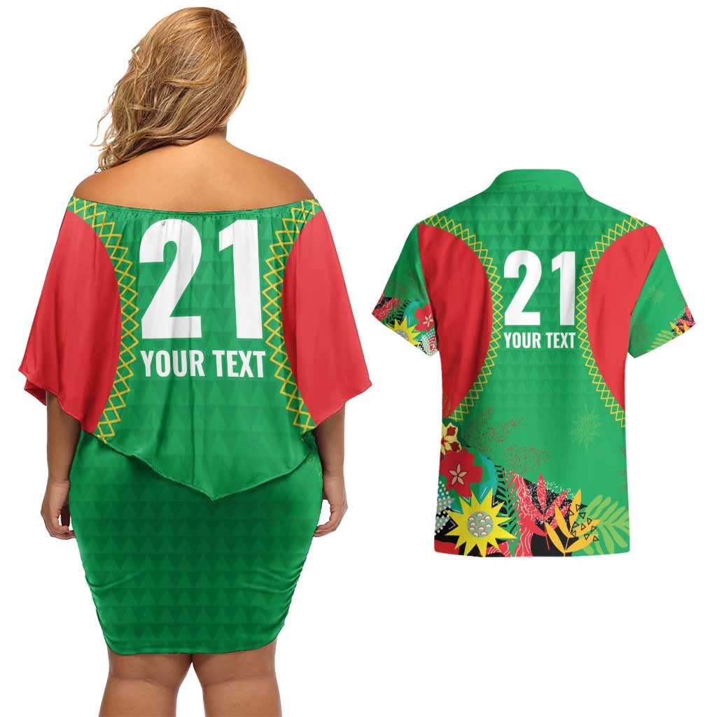 Custom Caribbean Cricket St Kitts and Nevis Couples Matching Off Shoulder Short Dress and Hawaiian Shirt Two Islands One Fire Patriots Crown 2025 - Green - Wonder Print Shop