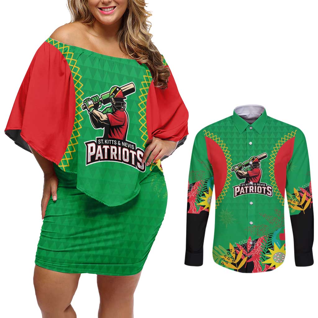 Custom Caribbean Cricket St Kitts and Nevis Couples Matching Off Shoulder Short Dress and Long Sleeve Button Shirt Two Islands One Fire Patriots Crown 2025 - Green - Wonder Print Shop